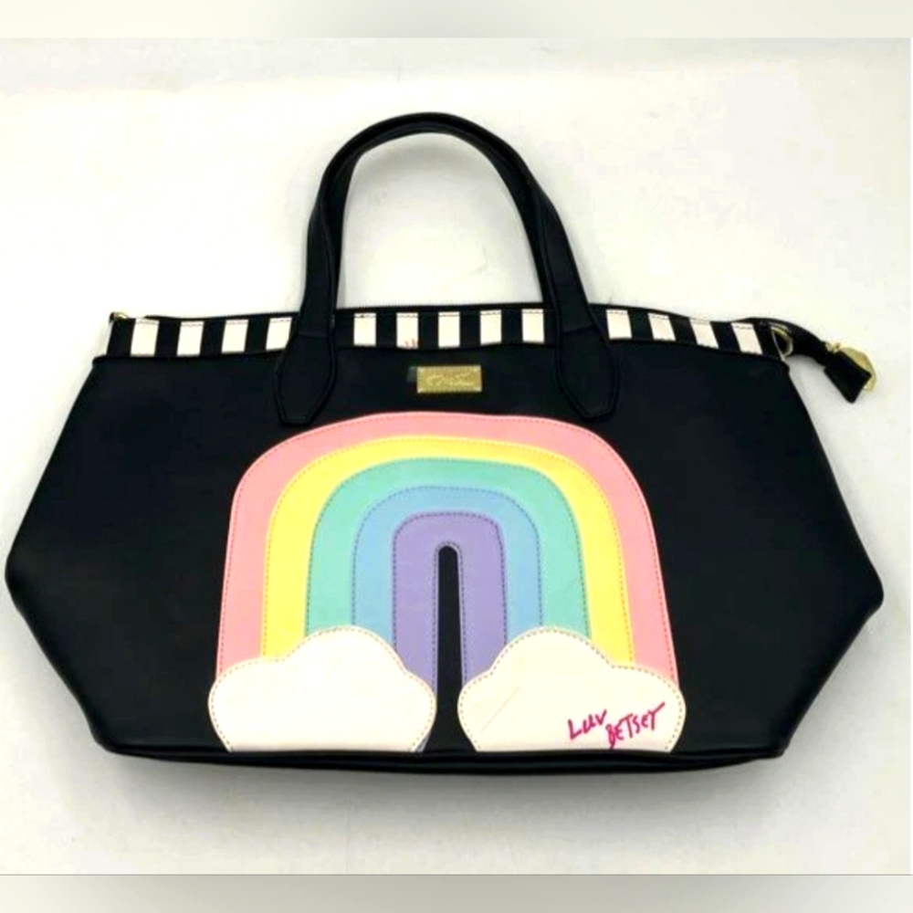 Betsey Johnson Vintage Tote 04/09 Black Rainbow Striped Large Shoulder Bag Purse